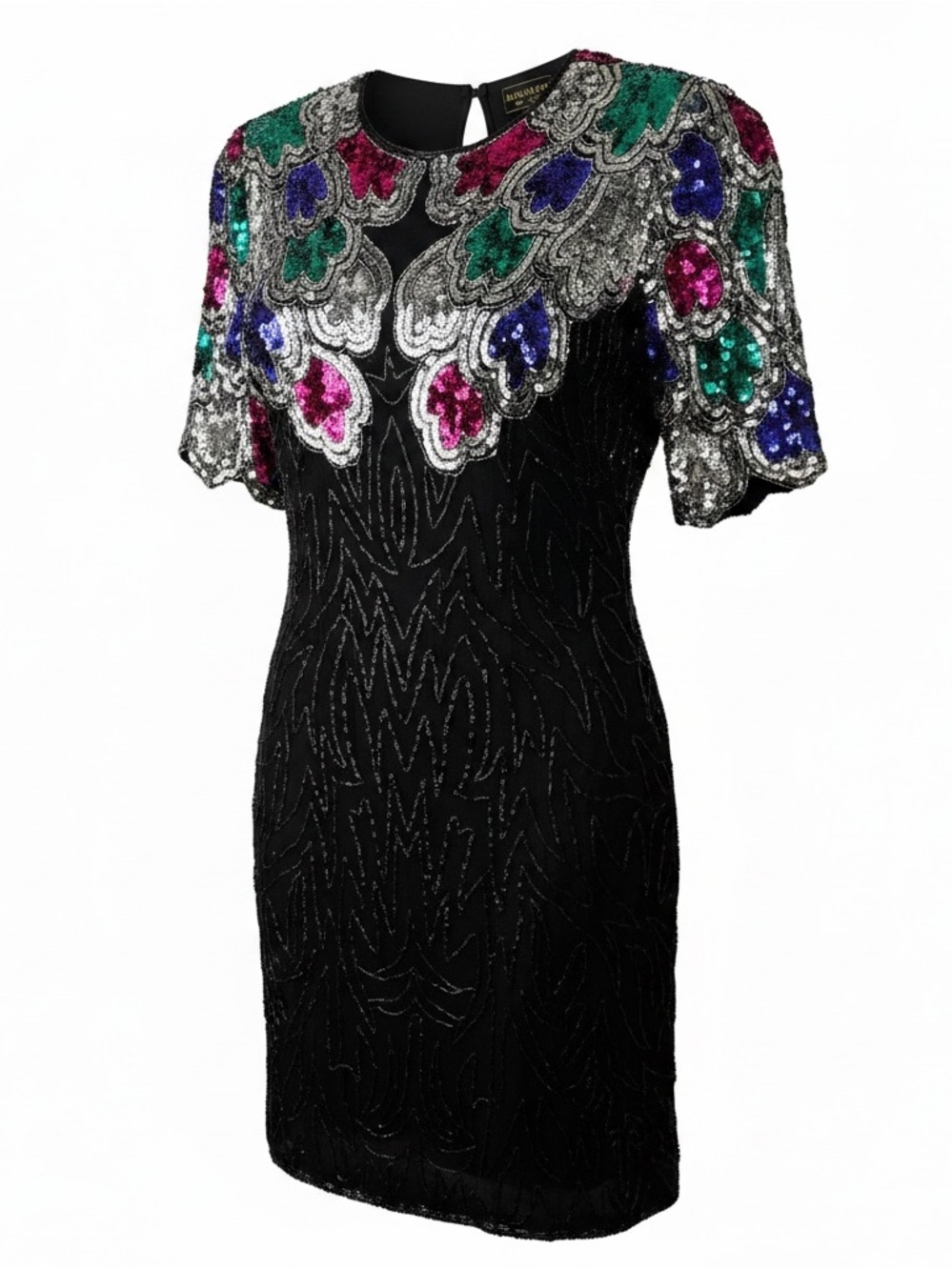 Embellished Black Cocktail Dress‎ with Multicolor Sequin Yoke PTP 21.5